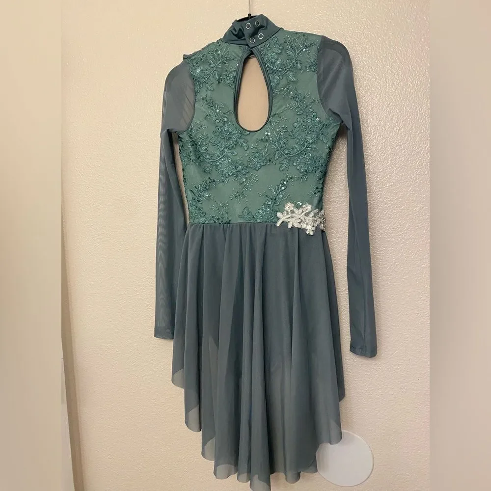 Weissman Dance lyrical Costume green mesh skirt bead applique Pompeii 14713 XSA